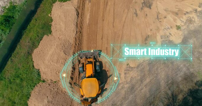 The grader works at the construction site. The concept of a smart grader. A smart construction site. Visualization of smart construction