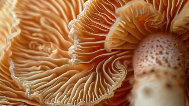 A microscopic view of a mushroom cap revealing the intricate gills underneath. These gills are composed of thin branching filaments . AI generation.