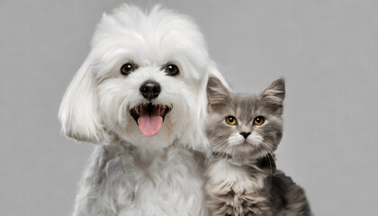 Happy panting maltese dog and cat looking at camera, Isolated on grey background
 - obrazy, fototapety, plakaty