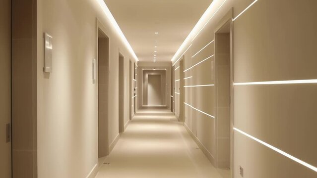 A hallway with clean straight lines and recessed linear lighting creating a modern and sophisticated ambiance. . .
