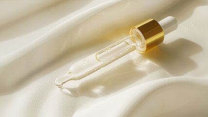 Golden serum dropper on silky fabric, portraying luxury and high-quality skincare products Squalane