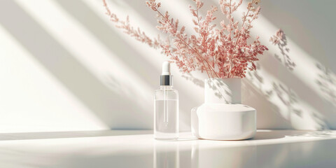 Serene skincare setting with dropper bottle and soft pink flowers, embodying a tranquil beauty ritual Squalane