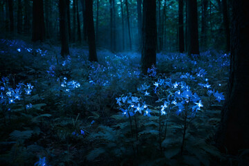 Blue illuminated flowers in a dark forest