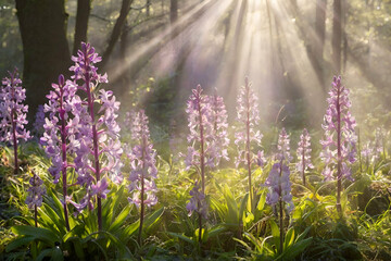 Orchis mascula flowers basking in the ethereal morning light - obrazy, fototapety, plakaty