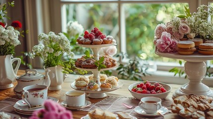 Elegant Afternoon Tea Setup with Assorted Pastries and Fresh Berries on a Rustic Wooden Table