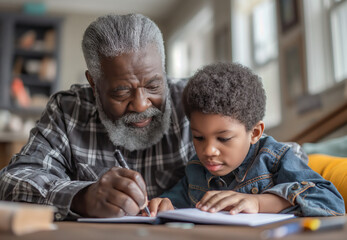 grandfather helping his grandchild with his homework - obrazy, fototapety, plakaty