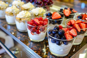 earlymorning coffee buffet with fresh fruit and yogurt parfaits