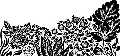 Flowers wildflowers and plants pattern illustration design in a floral flower abstract retro vintage woodcut or engraved linocut etched style.