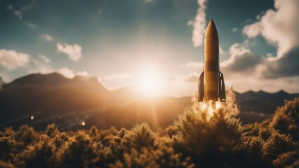 Generative AI. Space Launch System Takes Off, Space shuttle rocket launch in the sky and clouds to outer space. Sky and clouds. Spacecraft flight. Rocket science, Rocket on fire. achievement, 