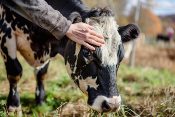 person patting cow while it feeds on pasture