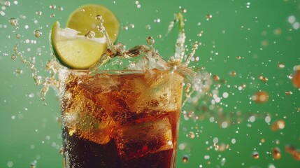 A studio image of with a green background of a batanga cocktail with a mix of tequila, cola, and lime 