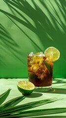 A studio image of with a green background of a batanga cocktail with a mix of tequila, cola, and lime 