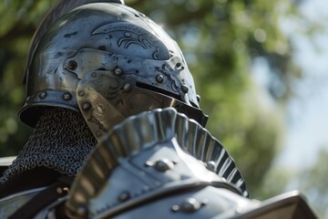 closeup of a fluted bascinet on a knight outside