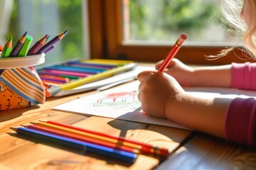 child drawing at sunny desk with colorful pencils - obrazy, fototapety, plakaty