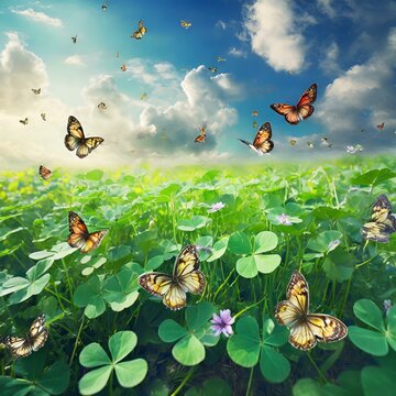 4 leaf clover,Field of bright green clover leaves,bright cloudy sky,There are flocks of bea