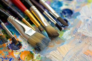 Obraz premium closeup of paintbrushes and acrylic paints on palette