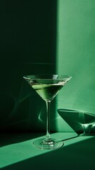 A studio image with a green background of a Martini cocktail