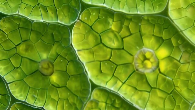 The microscopic image shows the intricate network of s and cells surrounding the stomata. Each cell plays a crucial role in the overall . AI generation.