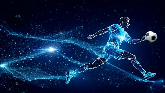 An athlete plays soccer. Digital frame polygon illustration