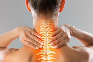 A woman with neck pain holds her back in a gentle touch to intend healing for the spine and shoulders. Back view of woman holding her hand on the neck and shoulder in front of a grey background. Joint