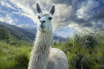 Papier peint photo autocollant rond Lama Image of a Charming White Llama Captured in its Exquisite Natural Habitat