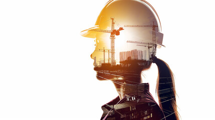 Construction and engineering concept with woman engineer wearing hardhat in double exposure with construction site