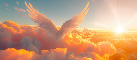 Abstract view of angel wings flying in the sky in front of majestic sunset, religion and salvation concepts