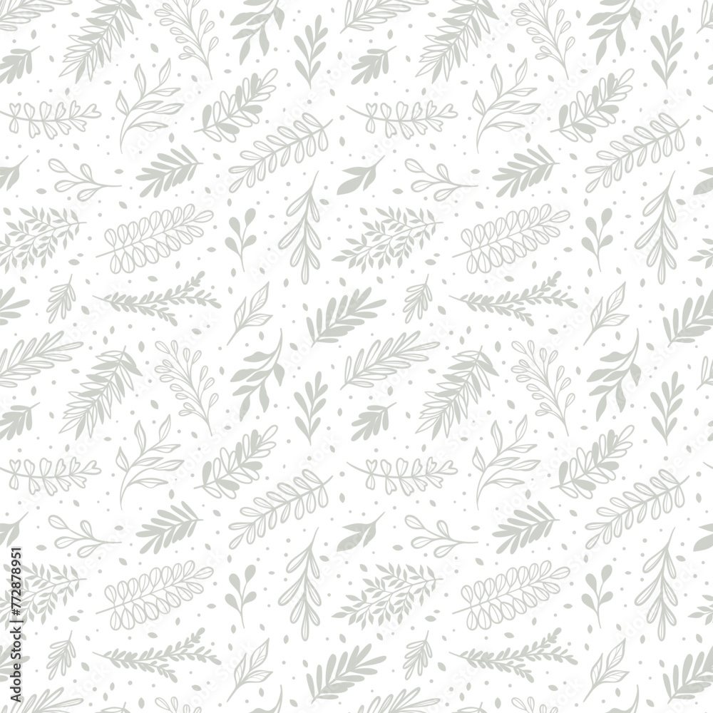 Poster white leaf seamless vector pattern with hand drawn leaves, minimalist print