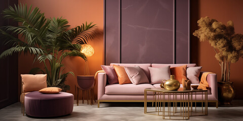 A cozy yet luxurious lounge area with a velvet sofa in warm terracotta, a wooden coffee table, a pouf in a soft lavender shade, gold accents, a decorative plant, and a chic floor lamp