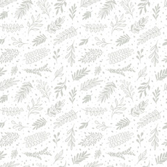 White leaf seamless vector pattern with hand drawn leaves, minimalist print