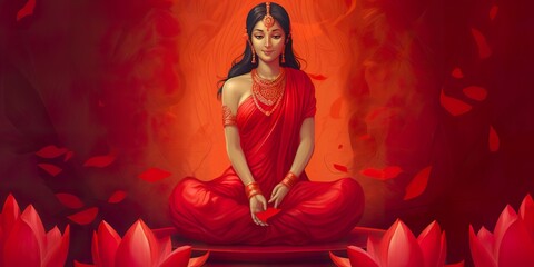 minimalistic design Goddess laxmi sitting on large lotus, smiling face, red saree, gold coin falling from hand