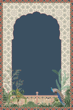 Mughal pattern frame with garden, peacock, palace, tree and bird illustration