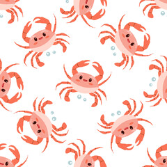 Cute hand-drawn colored marine crab, seamless pattern in flat style, ocean aquatic underwater kawaii vector. Vector cartoon illustration on white background.