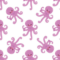 Cute hand-drawn colored octopus, seamless pattern in flat style, ocean aquatic underwater kawaii vector. Vector cartoon illustration on white background.