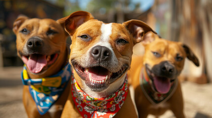 Zbliżenie na trzy uśmiechnięte psy w kolorowych chustkach - obrazy, fototapety, plakaty