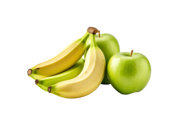 Three Green Apples and Three Yellow Bananas. On a White or Clear Surface PNG Transparent Background..