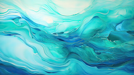 A fluid, wave-like energy pattern in shimmering shades of teal and aqua, evoking a sense of underwater currents Ai Generative