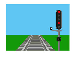 Signalisation ferroviaire indiquant un signal d'arrêt avec voie ferrée et fond de ciel bleu