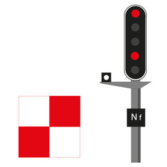 Signalisation ferroviaire indiquant un signal d'arrêt avec carré de protection rouge et blanc