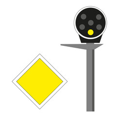 Signalisation ferroviaire  avec losange jaune indiquant un avertissement