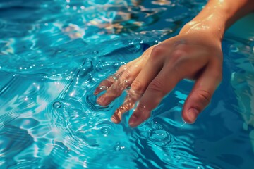 hand testing swimming pool temperature, fingers stirring the water