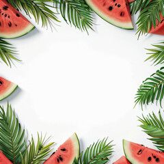 frame with watermelons and palm leaves on white background