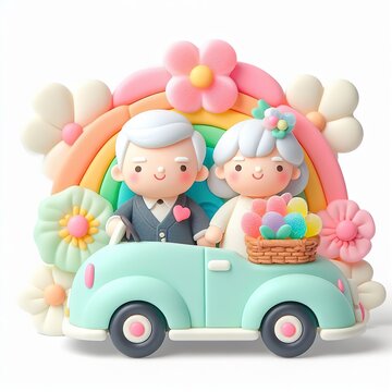 a cute couple grandparents in car with flowers made of pastel color rainbow gummy candy on a white background