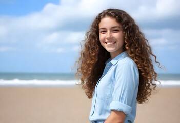 Smiling Latin Woman by the Sea Beach Portrait