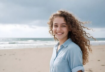 Smiling Latin Woman by the Sea Beach Portrait