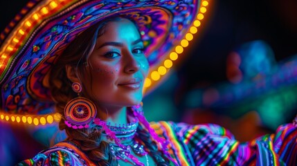 Woman dancer at the Cinco de Mayo traditional festival in neon light. Mexico Guadalajara. Beautiful female model in traditional costume and sombrero dancing. Celebration, holiday, travel concept.