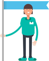 Woman Staff Character Holding Flag Pole
