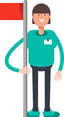 Woman Staff Character Holding Flag Pole
