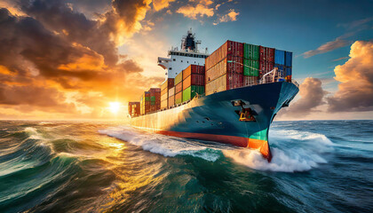 cargo ship loaded with containers Sailing off the sea with a cloudy sunset background - obrazy, fototapety, plakaty
