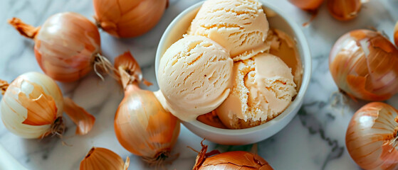 Caramelized onion ice cream. Modern trend unsweetened, savory ice cream flavor with caramel and sweet candied glass onio